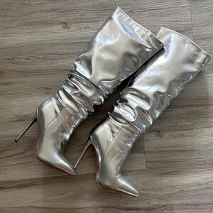 Metallic Silver Slouch Knee-High Stiletto Boots - Women's